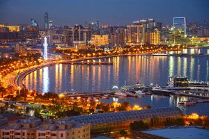 Baku (Azerbaijan) cityscape in dusk.